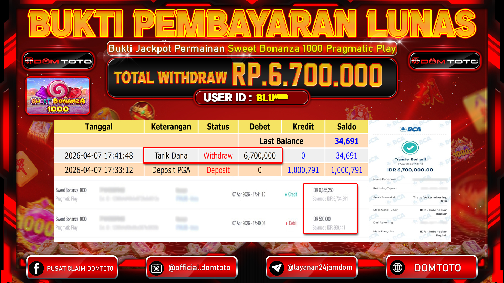 JACKPOT SLOT Sweet Bonanza 1000 Pragmatic Play 07 APRIL 2026